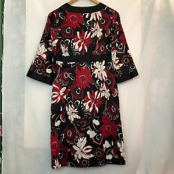 ANN TAYLOR Black Red White Multi Floral 3/4 Sleeve Knee Length Work Shift Dress - Picture 7 of 13